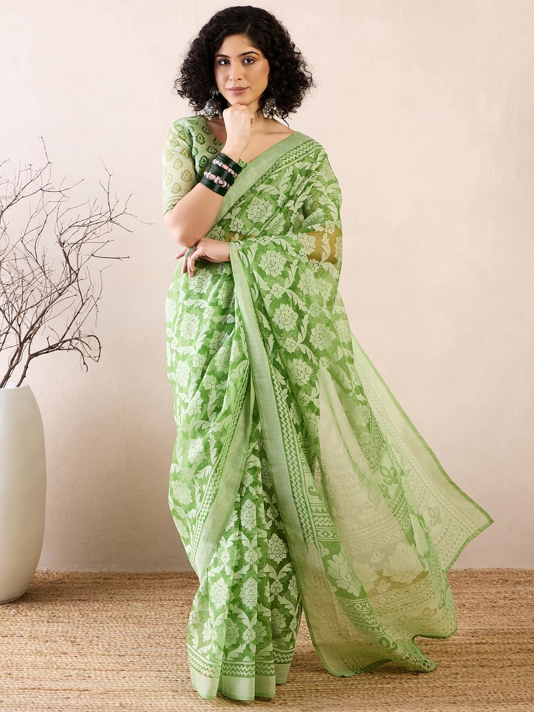SAREE MALL Women's Green Brasso Floral Printed Ready To Wear one Minute Saree With Unstitched Blouse (RTWMSKR01E_HS)