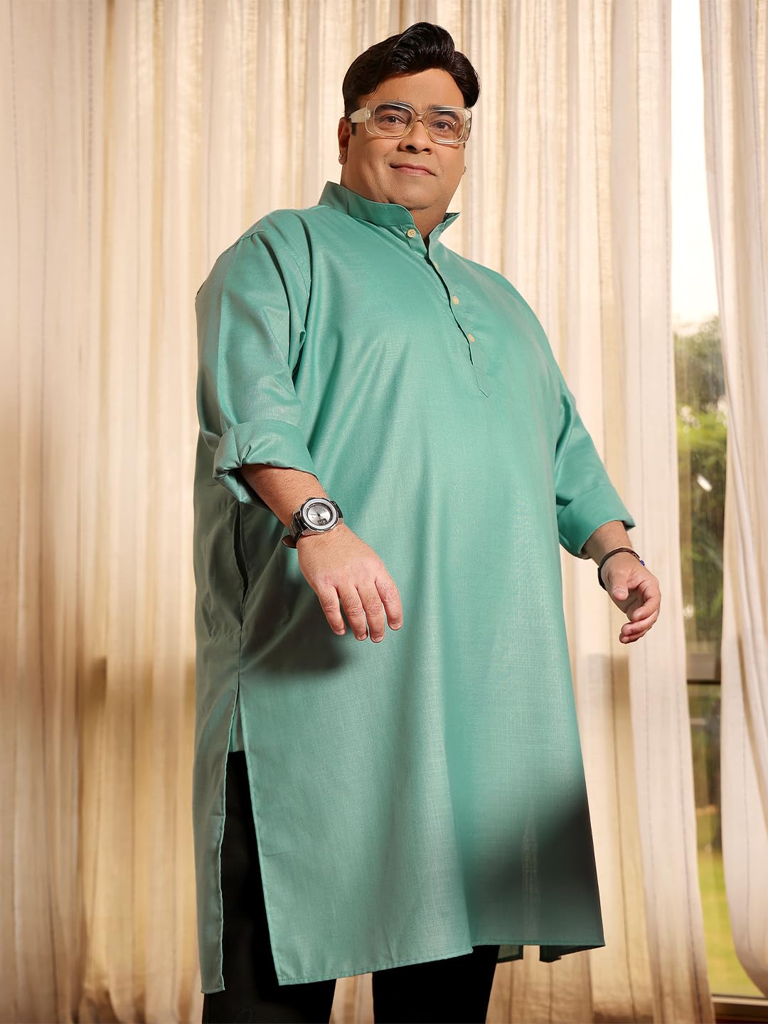 Bigbanana Plus Size Men's Cotton Blend Regular Fit Kurta (Ullas,Turquoise,4XL)