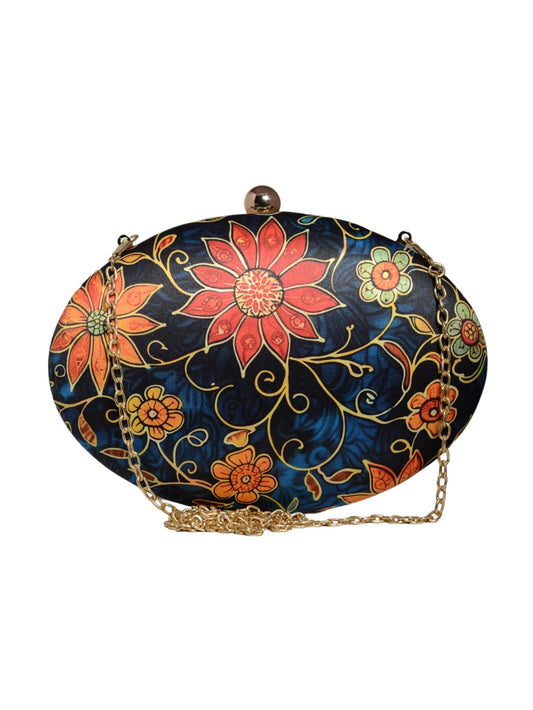 Artklim Blue Based Floral PrInted Oval Clutch Bag for Women with Detachable Strap