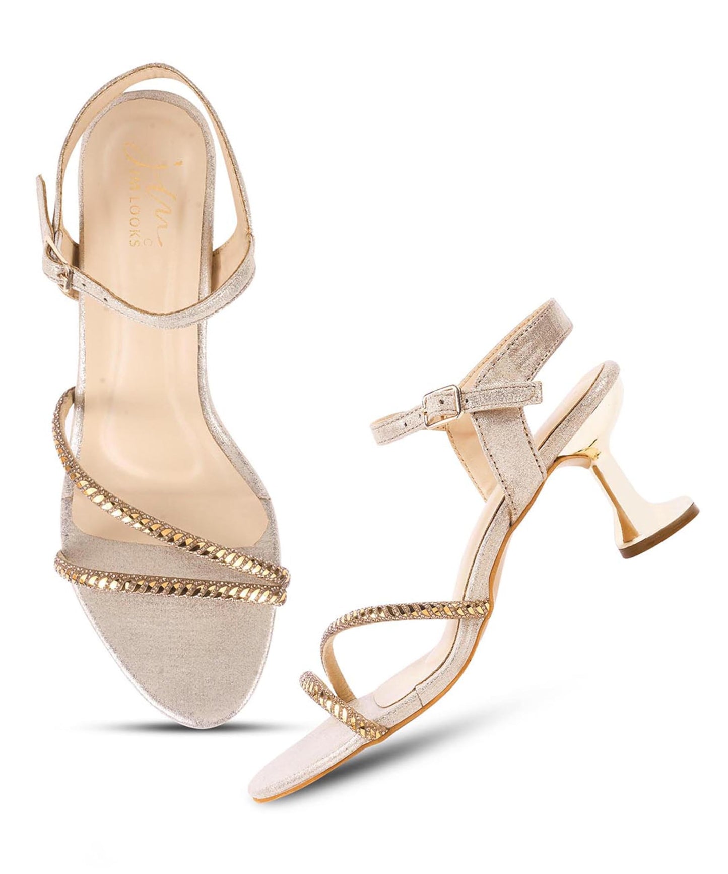 JM LOOKS Women's & Girls Kitten Heel Elegant Dual Strappy Heel Sandal Ankle Buckle with Embellished Rhinestone Upper for Wedding, Party, Casual, Office - Golden