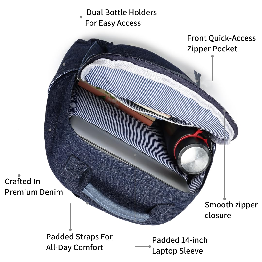 Fastrack True Denim backpack | 14-Inch Laptop Compatible | Sturdy Build | Dual Bottle Holders | Organizer Pocket | Zipper Closure | Natural Indigo Denim (Color May Transfer) | 6-Month Warranty