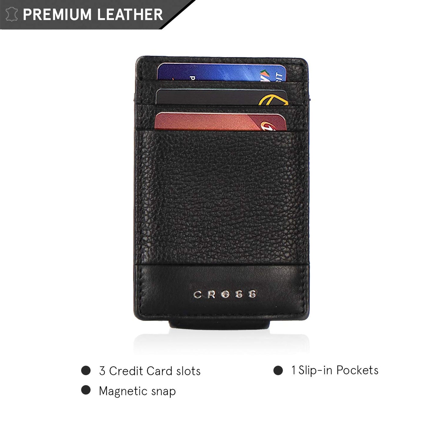 Cross Leather Men's Money Clip Wallet | 3 Card Slots | 1 Multi-Purpose Slip-in Solts | Magnetic Closure Money Clip- Black | Premium Design | Lightweight | Genuine Leather