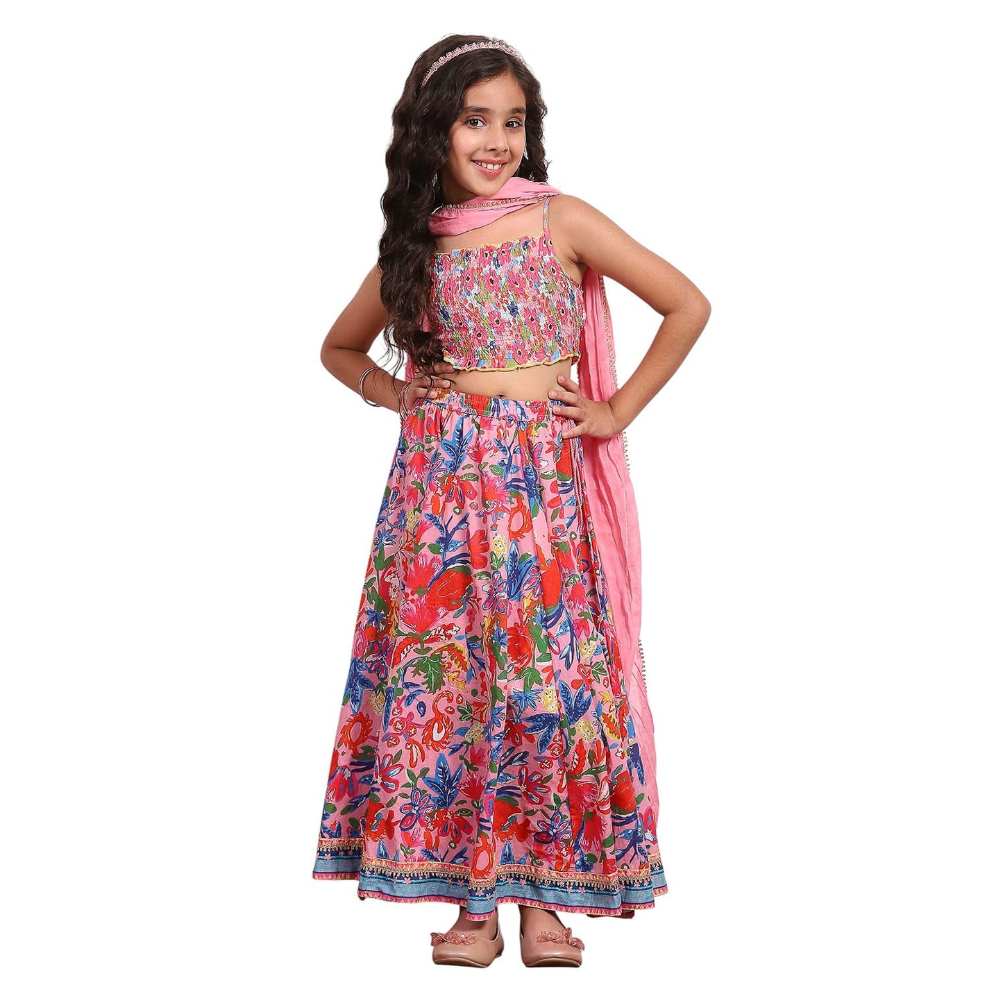 Biba Girl's Pink Viscose Short Top Lehenga Set