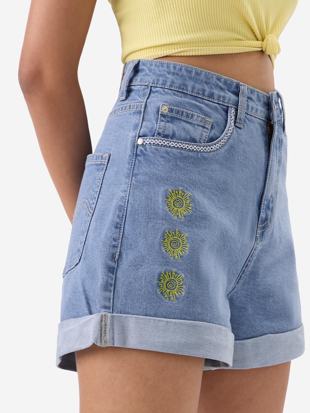 The Souled Store Denim: Mimosa Women and Girls Graphic Print Denim Shorts