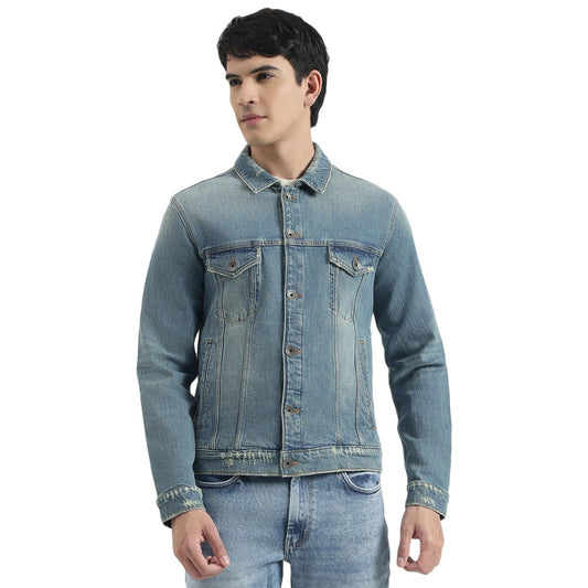 United Colors of Benetton Regular Fit Spread Collar Solid Vintage Washed Denim Jacket (Size: KL) - 25A2FSIC1401I901