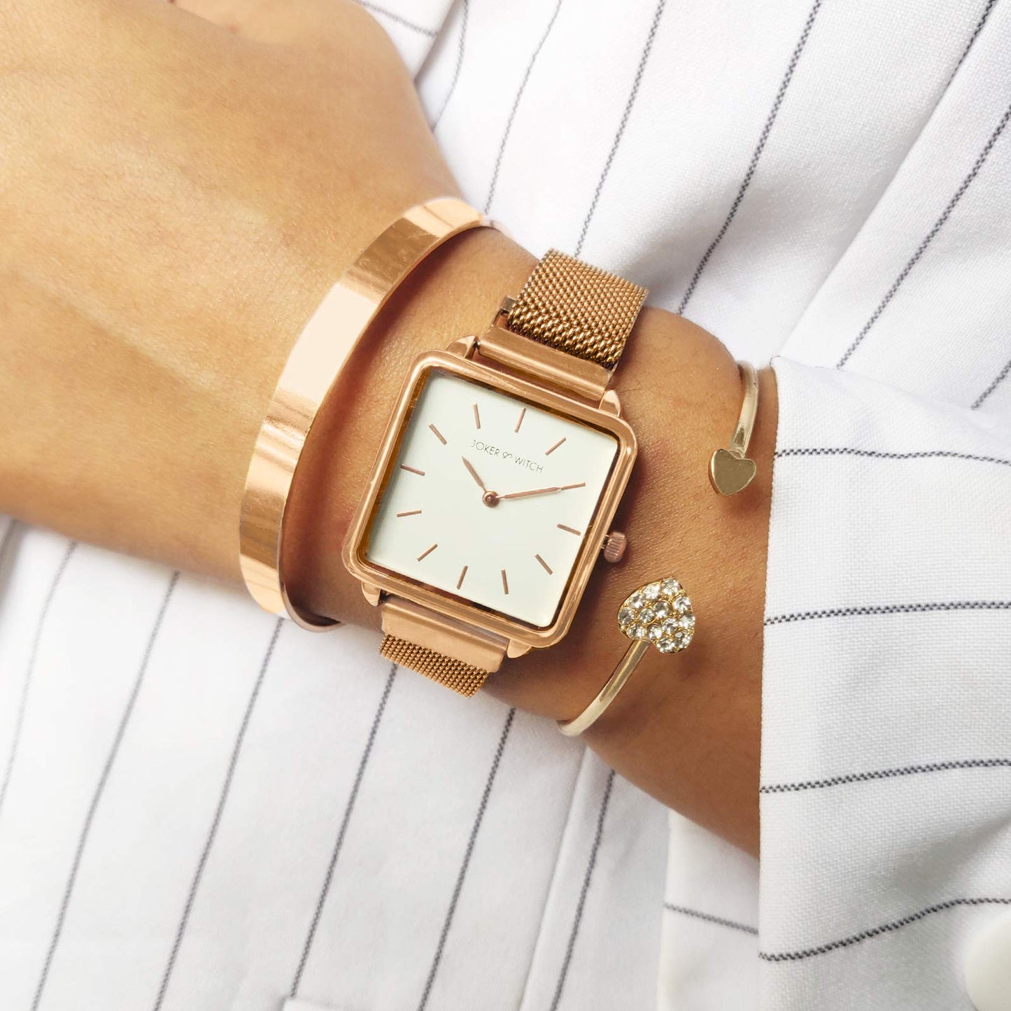 Joker & Witch Stainless Steel Bliss Rosegold Analog Watch Bracelet Set For Women, White Dial, Rose Gold Band