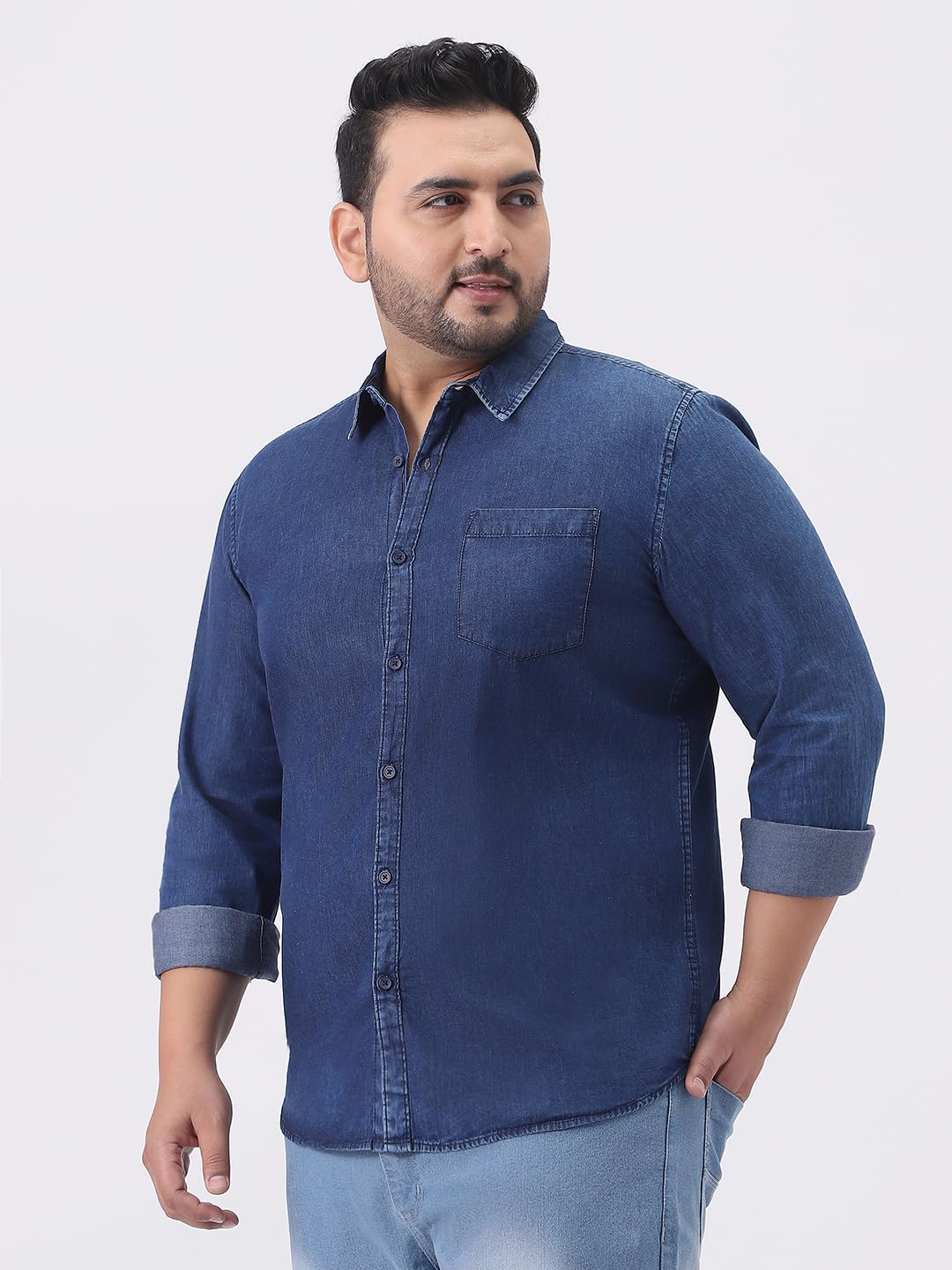 Urbano Plus Men's Dark Blue Regular Fit Full Sleeve Washed Denim Shirt (plusshirtdentowlp-02-dblue-4xl)