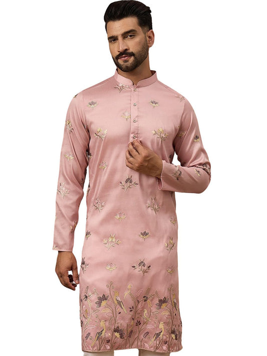 Ethnic Bay Men's Peach Silk Blend Solid Embroidered Calf Length Kurta's | Embroidered Kurta for Men | Straight Fit Kurtas for Mens (MKU1339, XL)
