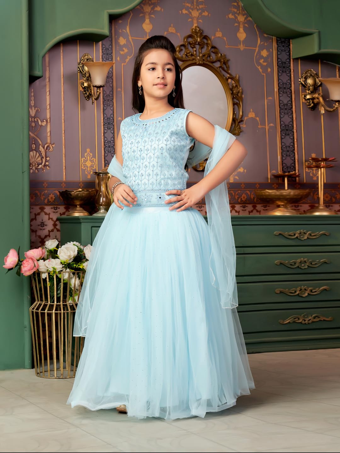 Aarika Girls Ethnic Wear Turquoise Colour Mirror Embroidery Net Lehenga Choli Set With Dupatta-3-13 Years (LCH-18273)