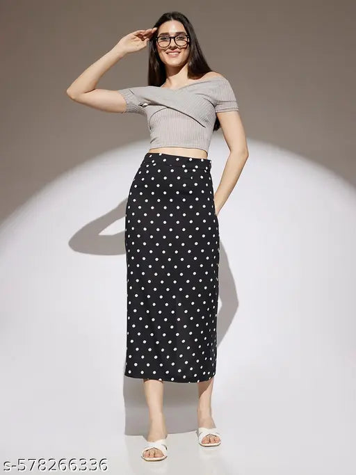 Globus Women Black Polka Dot Print Midi Rise Back Slit Pencil Midi Skirt