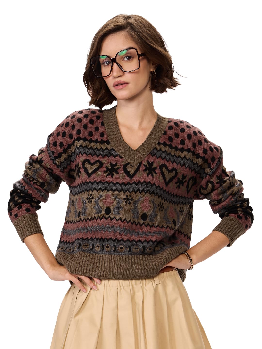The Souled Store Auburn Oversized V Neck Women Knitted Sweater