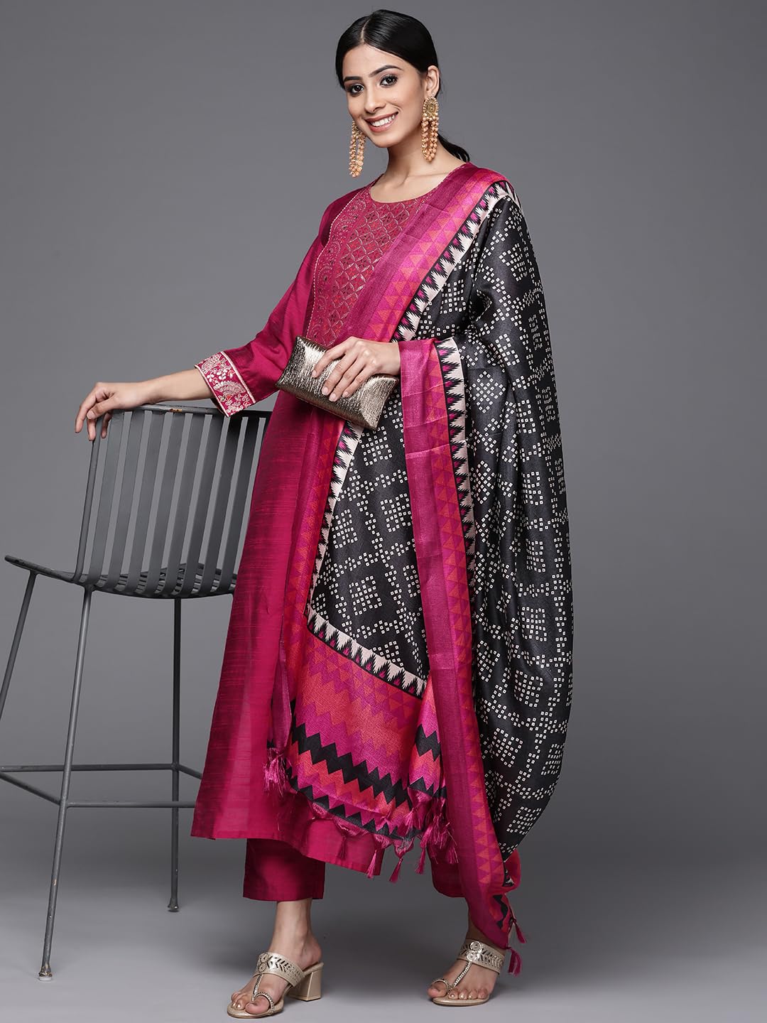 Varanga Magenta Silk Kurta Set for Women – Elegant Woven Yoke, Gota Embellishment, Elasticated Trouser, Side Slits – Stylish & Comfortable Ethnic Wear (Extra Large)