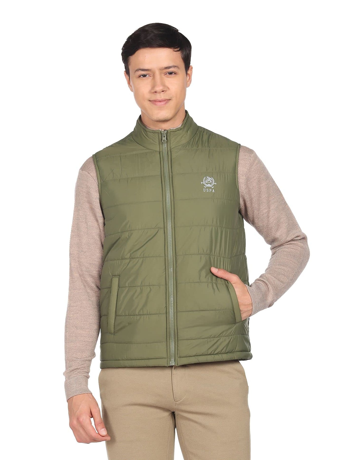 U.S. Polo Assn. Nylon Men Olive High Neck Sleeveless Solid Padded Standard Length Jacket, Small