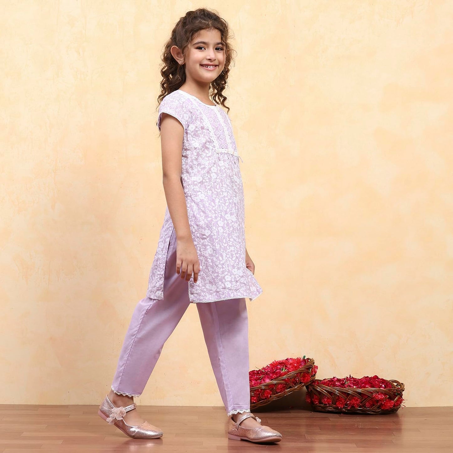 Biba Girl's Lavender Cotton Straight Printed Kurta Pants Set