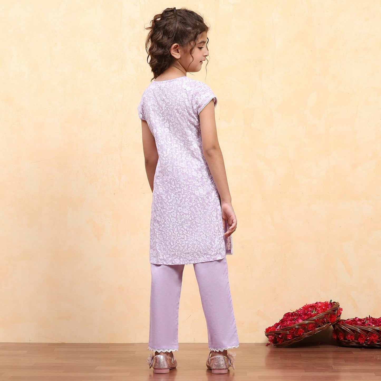 Biba Girl's Lavender Cotton Straight Printed Kurta Pants Set