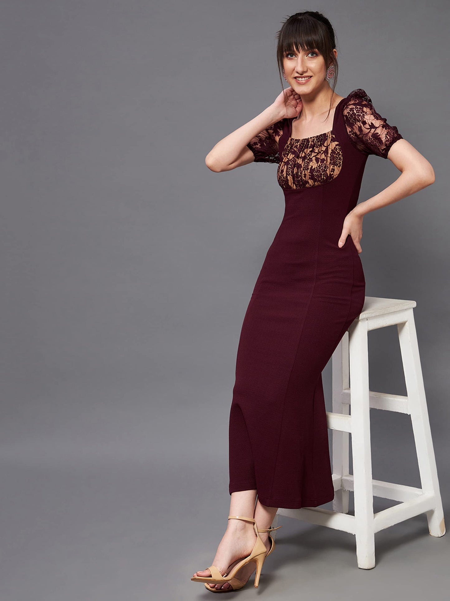 Miss Chase Women's Wine Square Neck Short Puff Sleeve Self Design Lace Overlaid Bodycon Midi Dress (MCSS22D13-48-184-05, Wine, L)