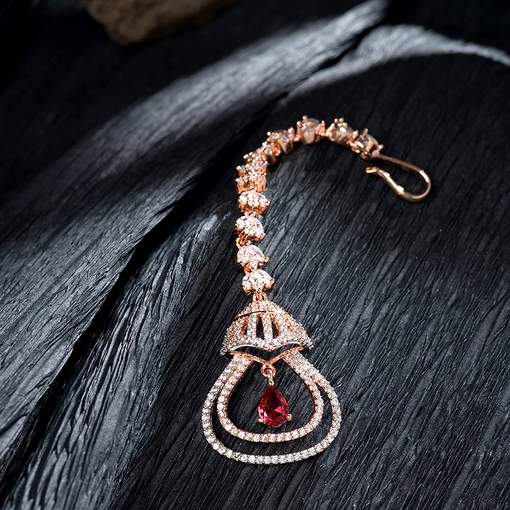 Saraf RS Jewellery-Rose Ruby AD studded Bell shaped Handcrafted Maang Tika
