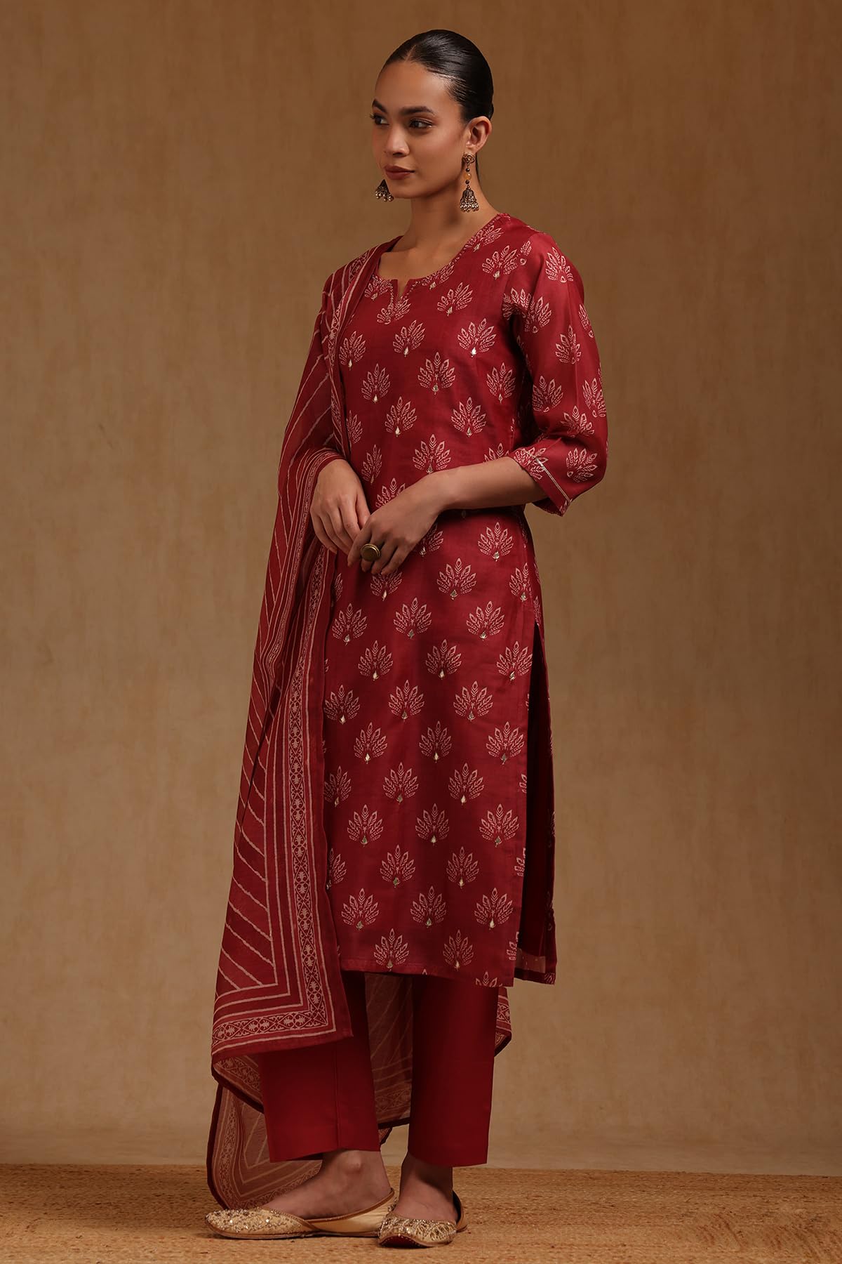 Soch Womens Brick Red Chanderi Floral Printed Salwar Suit With Zari