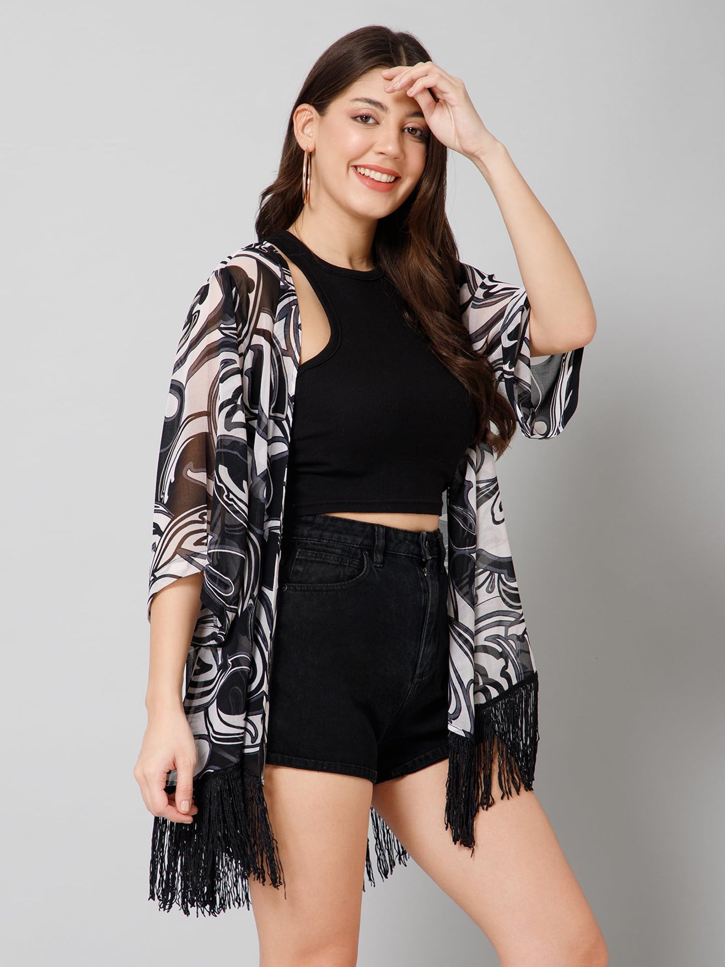 PURYS Women's Black & White Printed Kimono Shrug