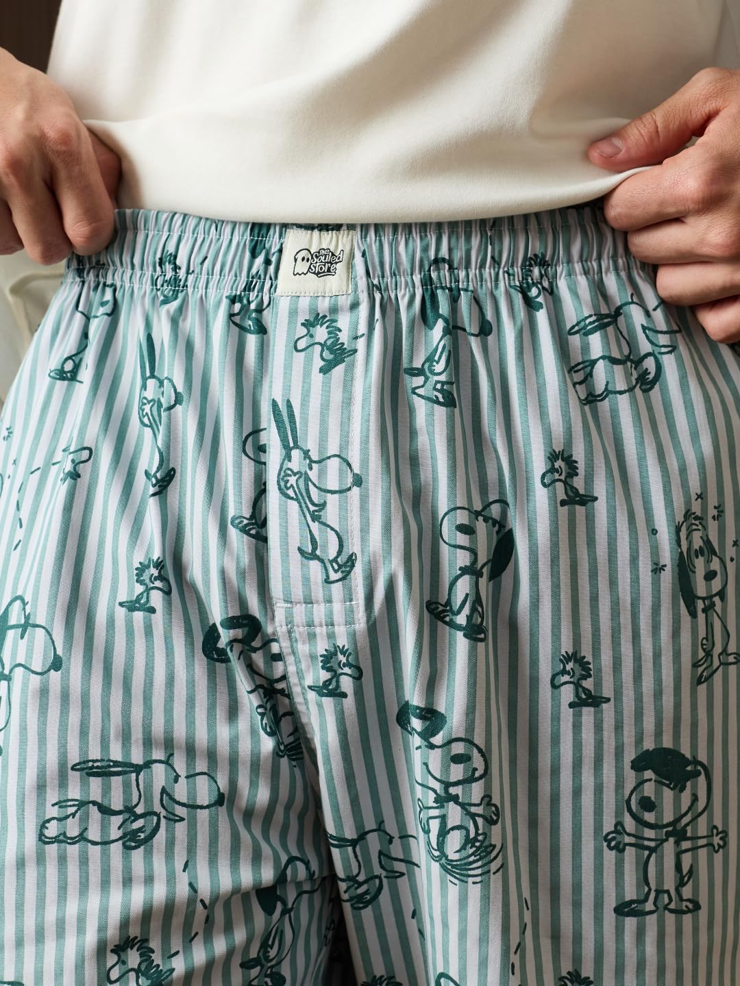The Souled Store Peanuts: Snoopster Men and Boys Elastic Waistband Light Blue and White Striped Graphic Printed 100% Cotton Regular Fit Breathable Lightweight Lounge Pyjamas |Light Blue