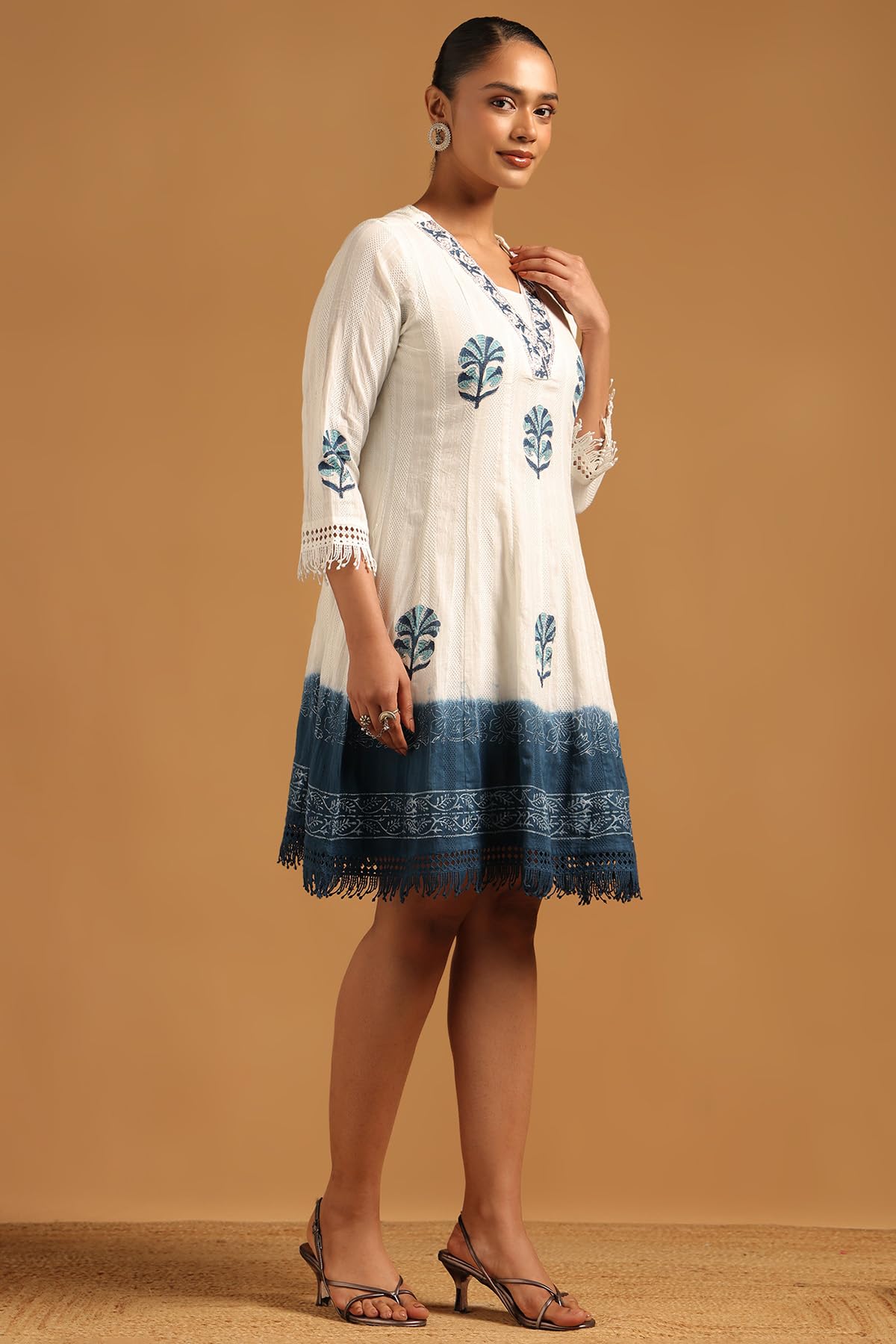 Soch Womens Off White Cotton Dobby Botanical Dress with Lace
