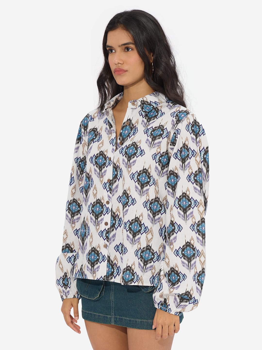 The Souled Store Ikat Twist Women and Girls Long Sleeves Collared Neck Button Front Multicolor All Over Printed Cotton Boyfriend Shirts