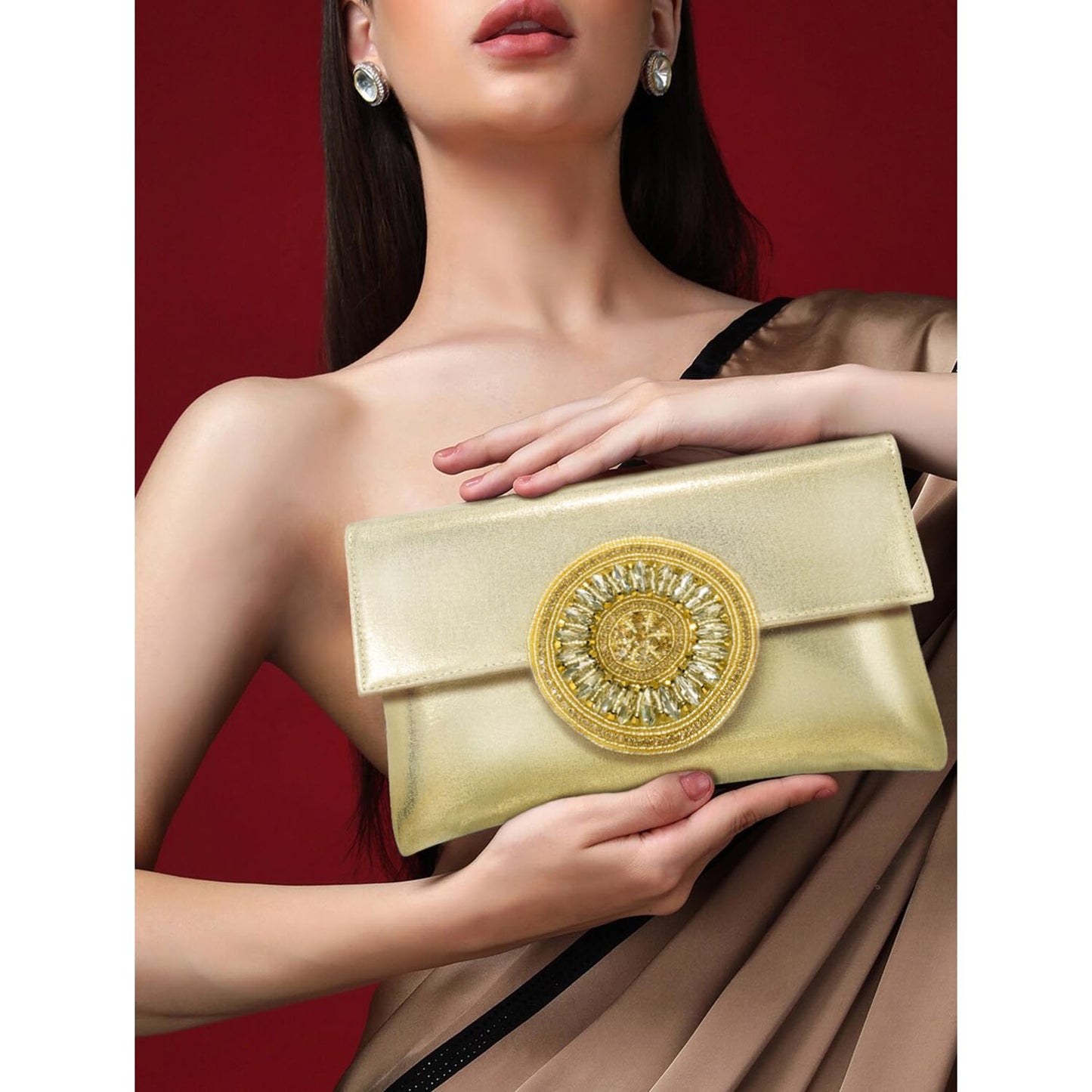 Peora Gold-Toned Textured Purse Clutch for women (C32G)