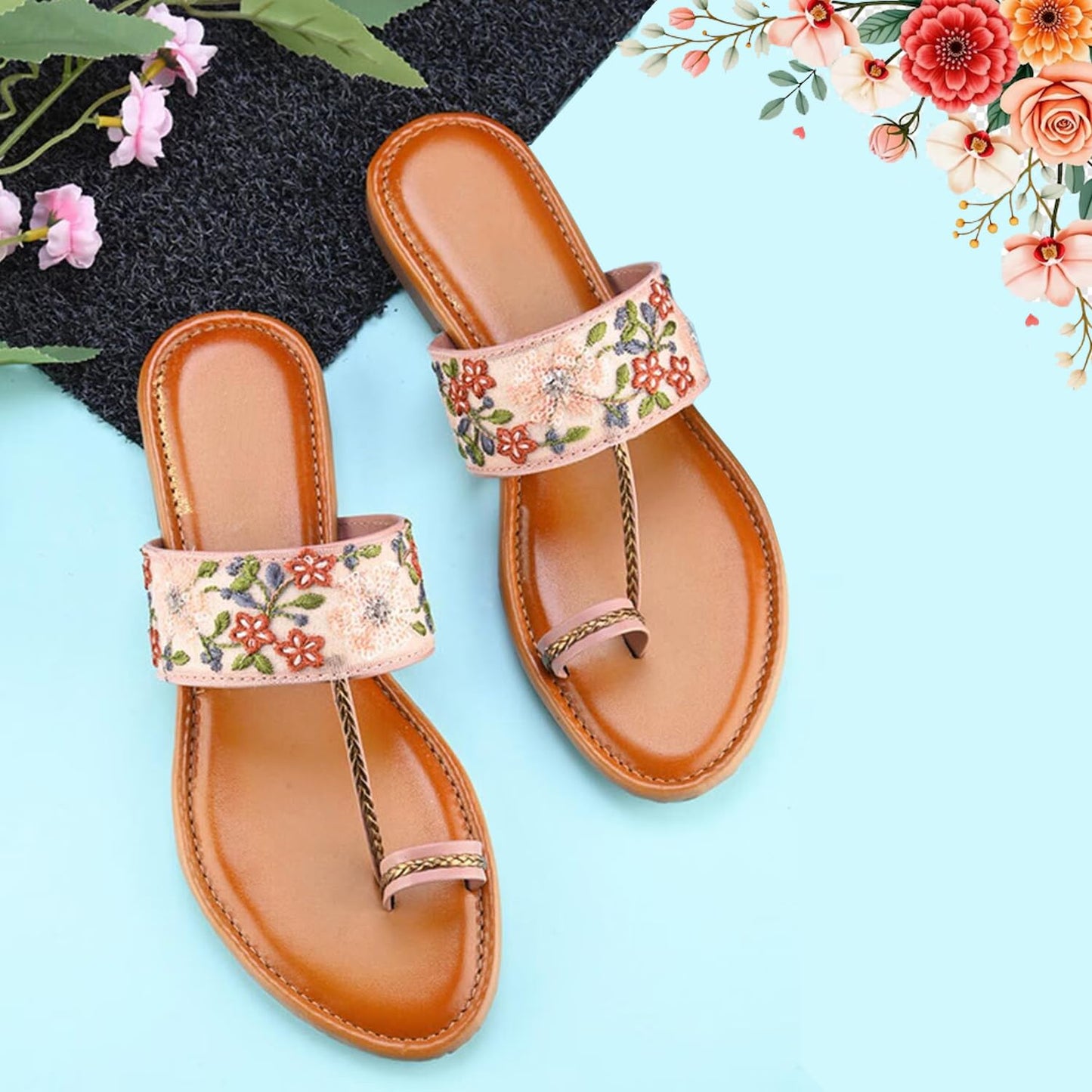 GLAM SOLES Women’s Embroidered Toe-Ring Flats | Elegant Floral Strap Design with Cushioned | Stylish & Comfortable Ethnic Sandals for Girls & Women, Peach