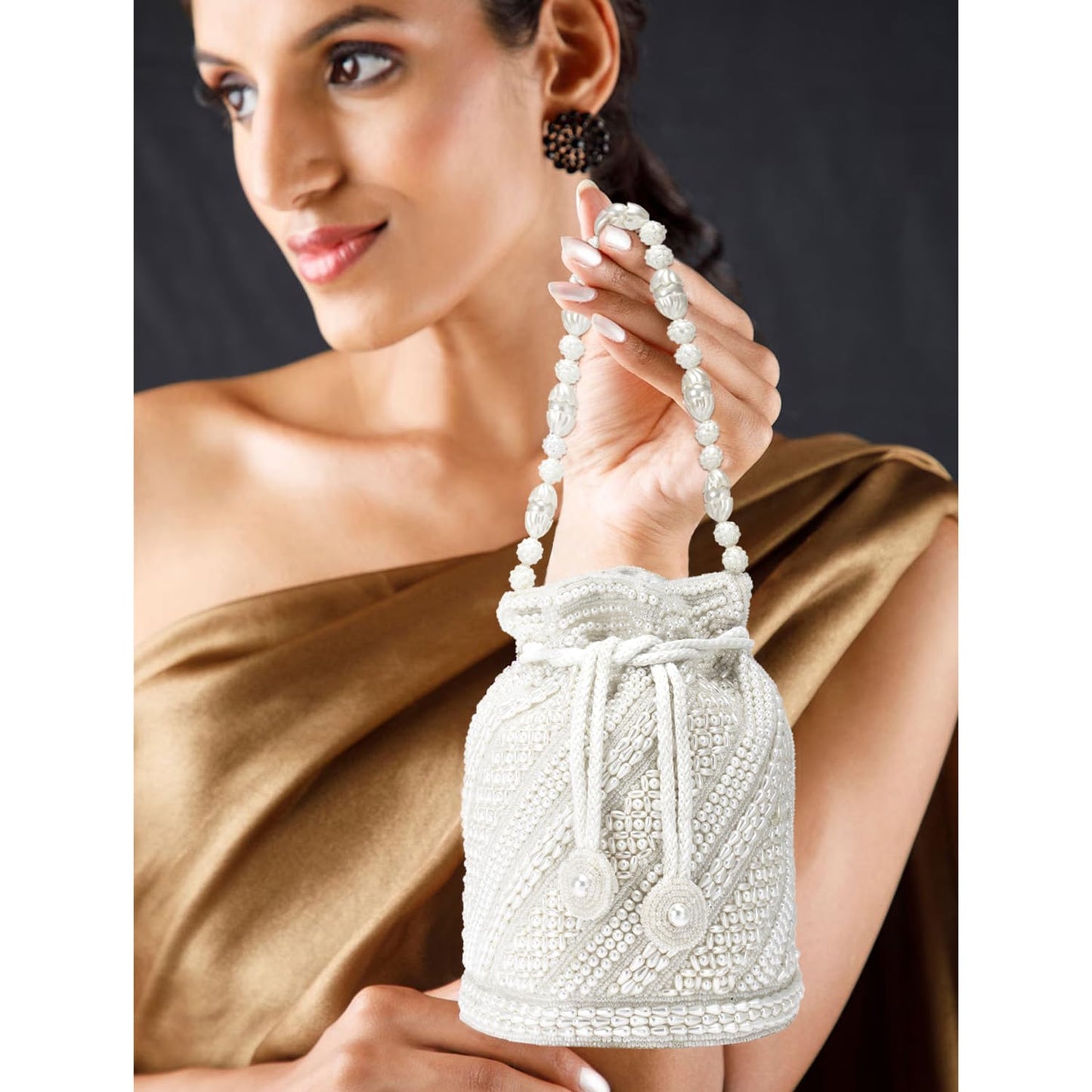 Peora Potli Bags For Women Evening Bag Clutch Ethnic Bride Purse With Drawstring (P14W), White