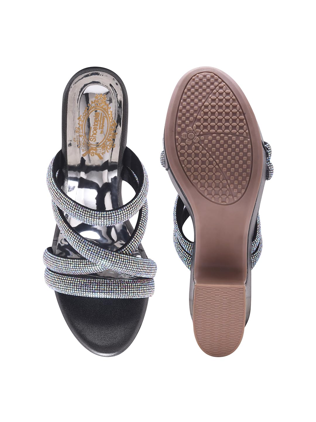 Shoetopia Women's Black Rhinestone Block Heel Sandals - Strappy Dressy Heels for Parties & Weddings EU38