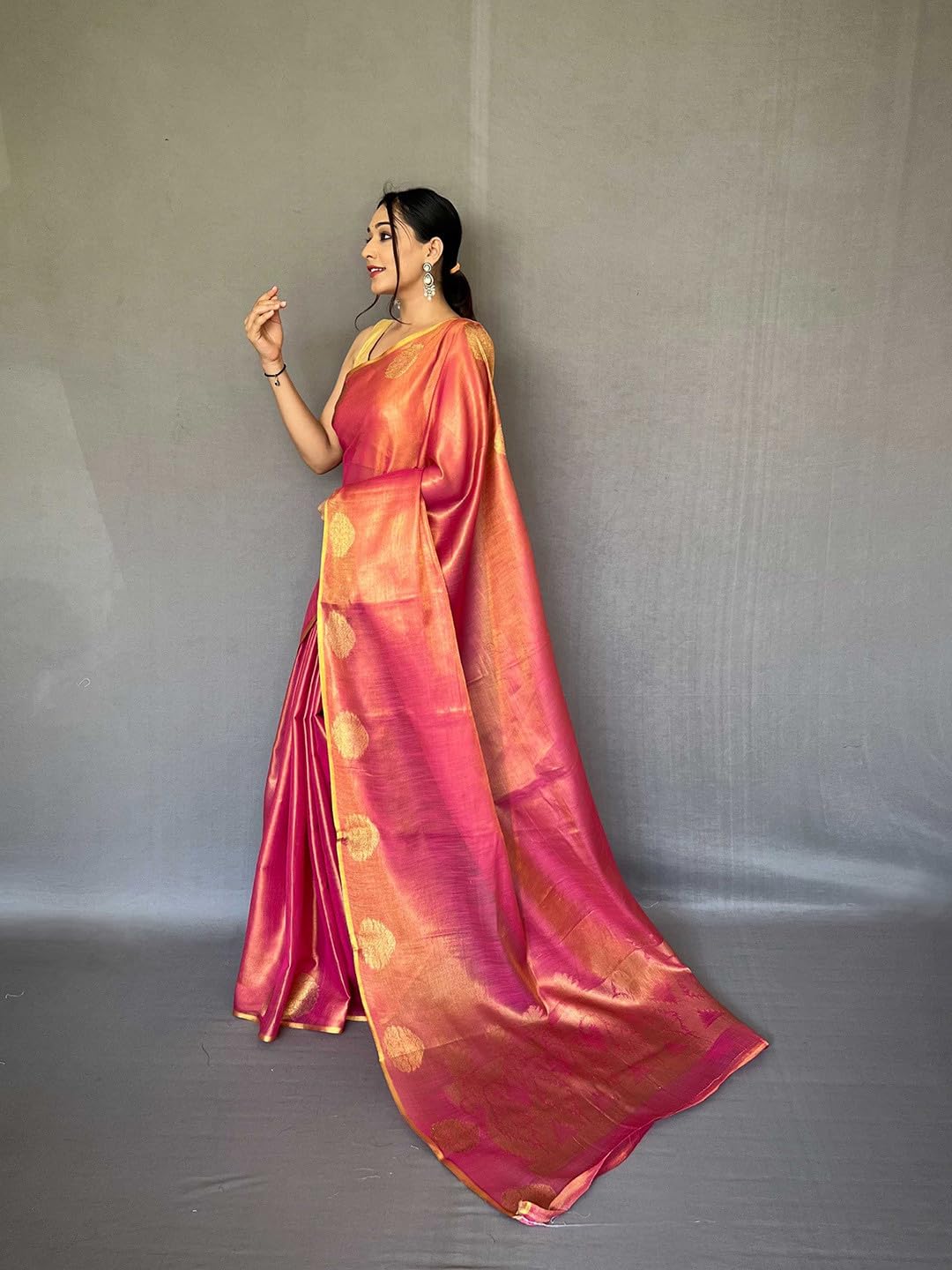 SWORNOF Gold-Toned Woven Design Silk Zari Tissue Saree | Saree for Women | Soft and Skin Friendly (RANI)