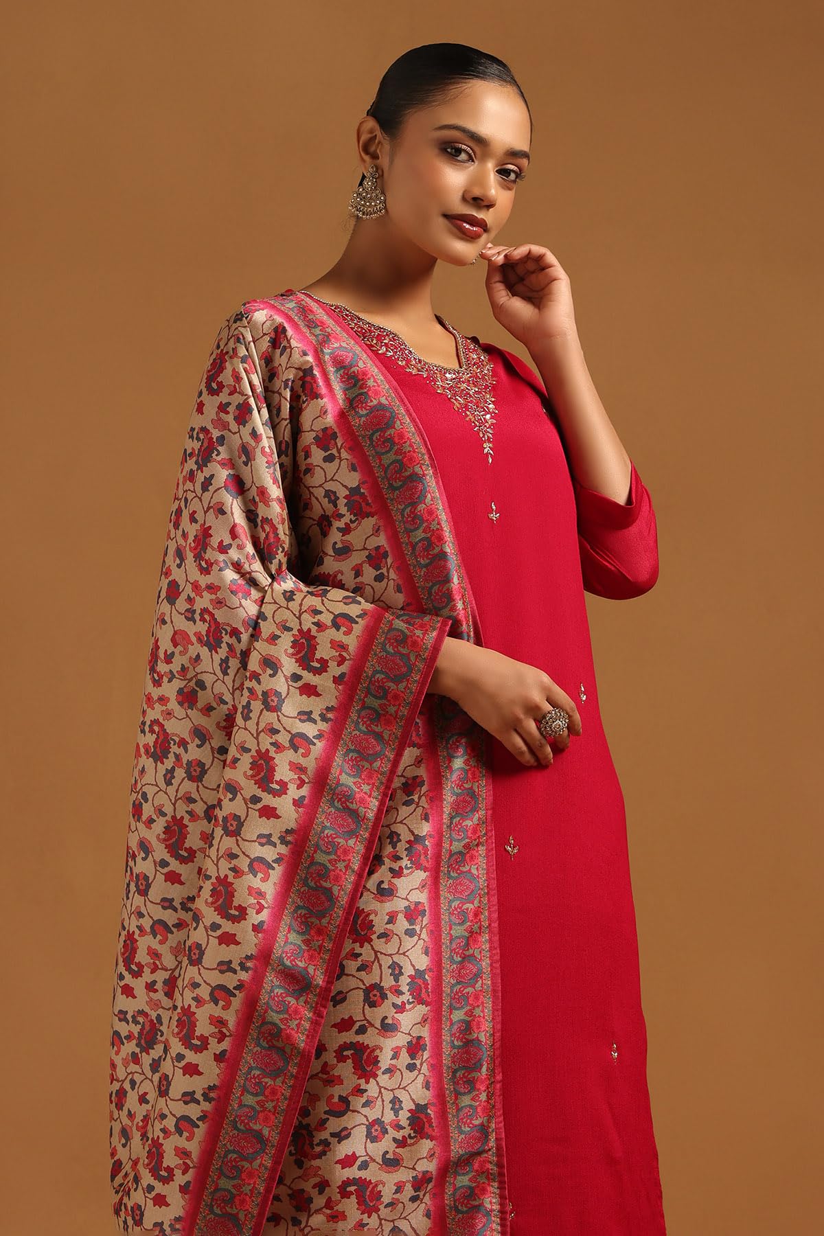 Soch Womens Fuchsia Chinon Floral Salwar Suit With Beads And Stones