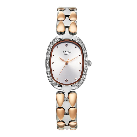 Titan Raga Showstopper 4.0 Quartz Silver Shaped Dial Women's Watch | Rose Gold Colour Band | Watches for Women Analog - 95347KM01