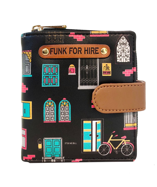 Funk For Hire Women’s Printed Black Vegan Leather Small Wallet with 8 Card Slots, 2 Hidden Pockets, Full-Length Cash Compartment, Zippered Coin Pouch, Compact Bifold Design