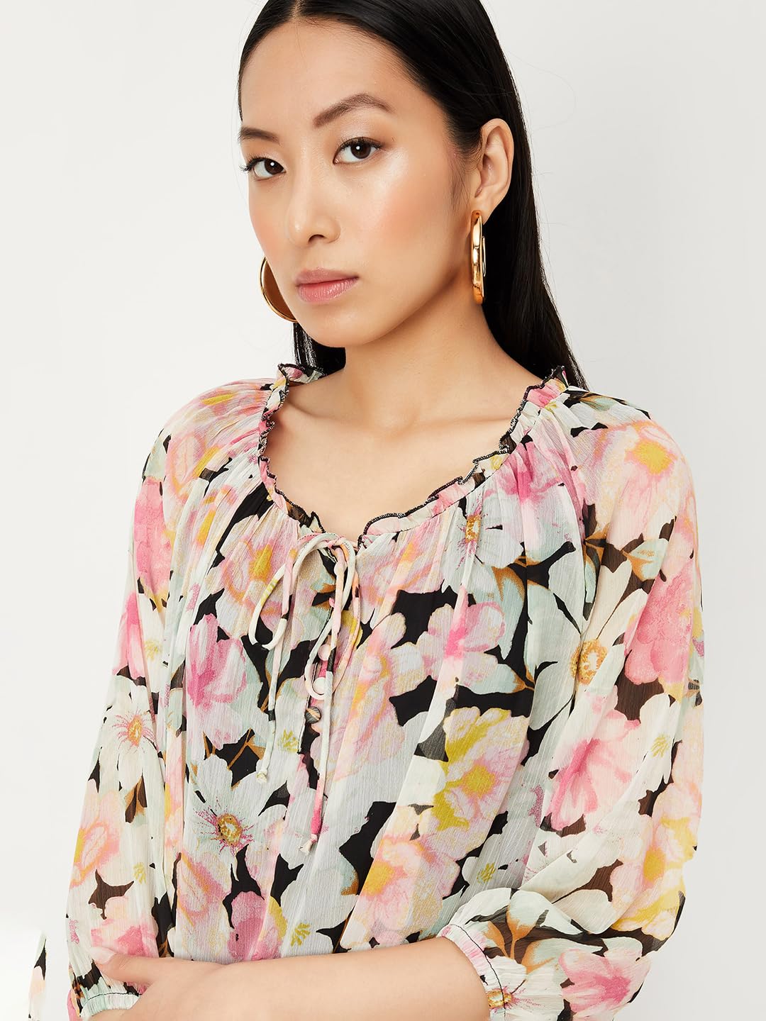 max Women Floral Printed Blouse (WVN3203BLACK)_XS