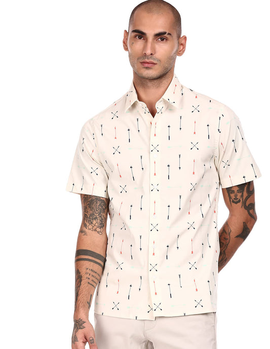 Arrow Men's Printed Slim Shirt (ANABSH1031_Beige 38)
