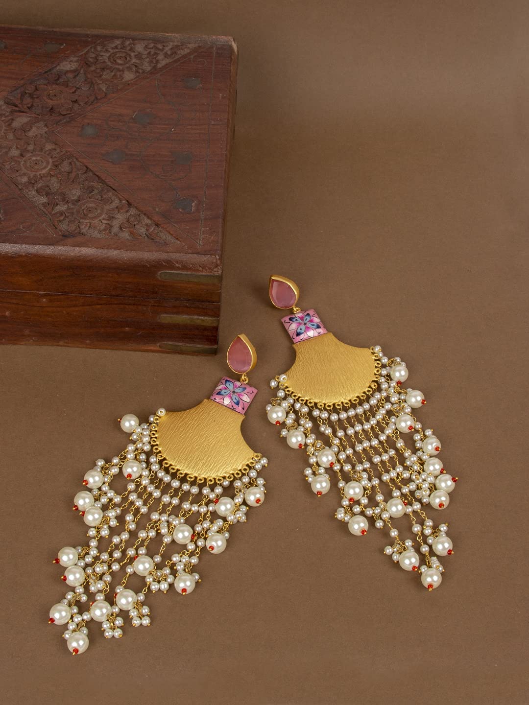 Accessher Gold Plated Statement Modern Chandbali Style Chandelier Dangle Earrings with Pearl Drop Tassels and Push Back Closure for Women and Girls Pack of 1 Pair