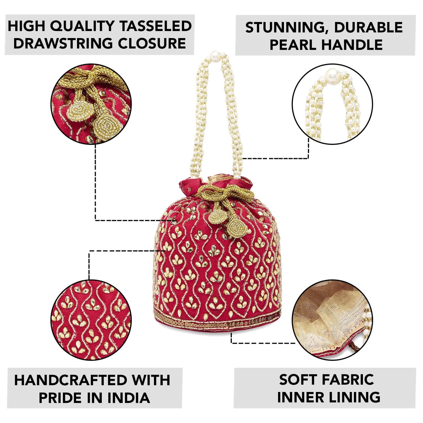 Peora Embroidered Potli Bag for Women Handmade Ethnic Purse Evening Handbags Stylish Bridal Fashion Clutch Bag Gift for Girls (Red, P88R)