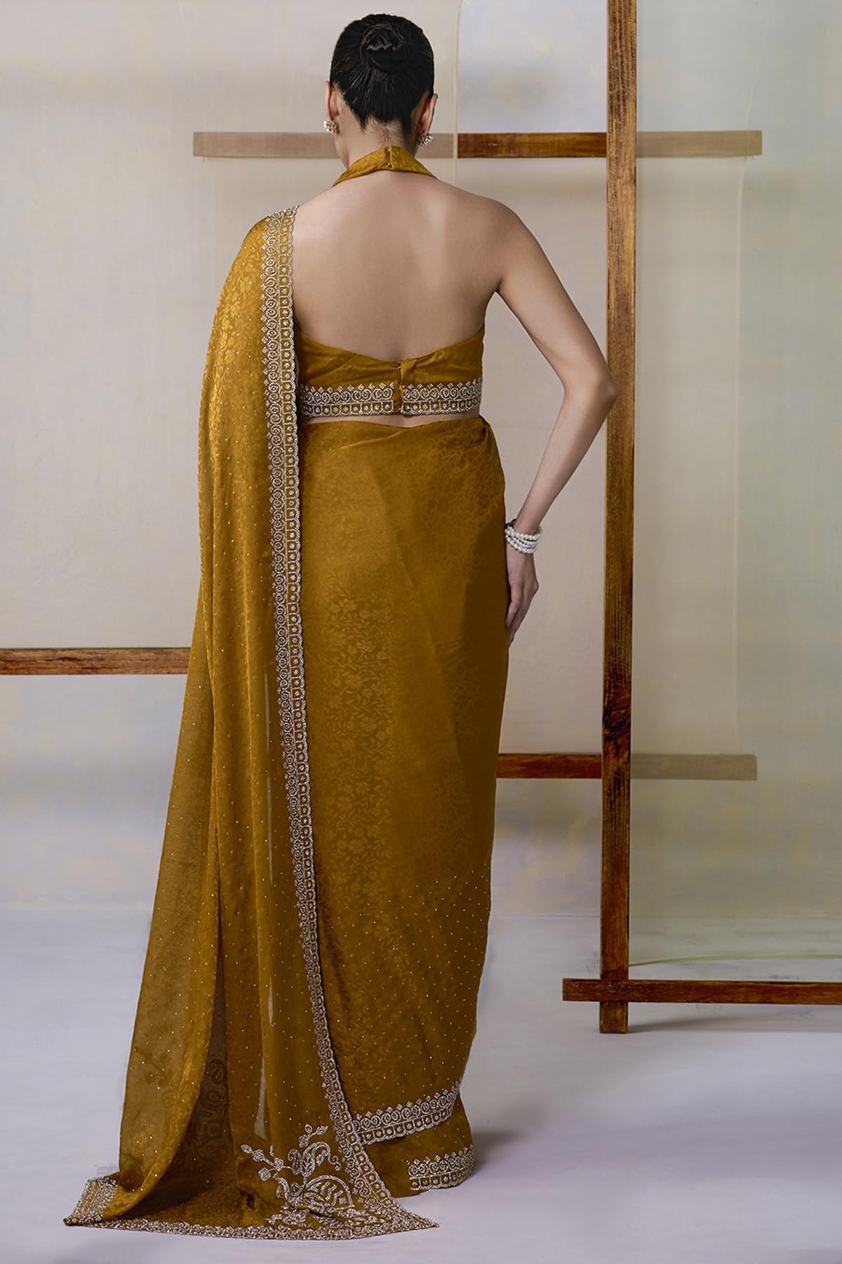 Soch Womens Mustard Fendy Georgette Woven Design Saree With Stone Work