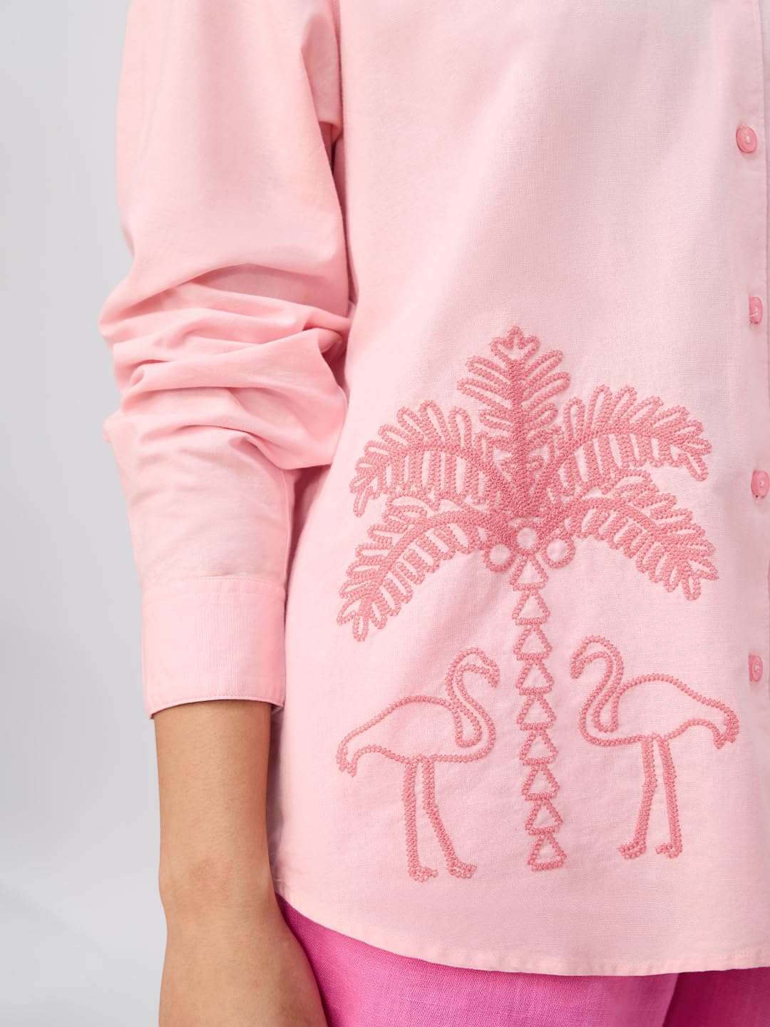 The Souled Store Cotton Linen Shirt: Flamingo Women and Girls Long Sleeve Collared Neck Pink Embroidered Oversized Fit Lightweight Summer-Ready Cotton Linen Boyfriend Shirts