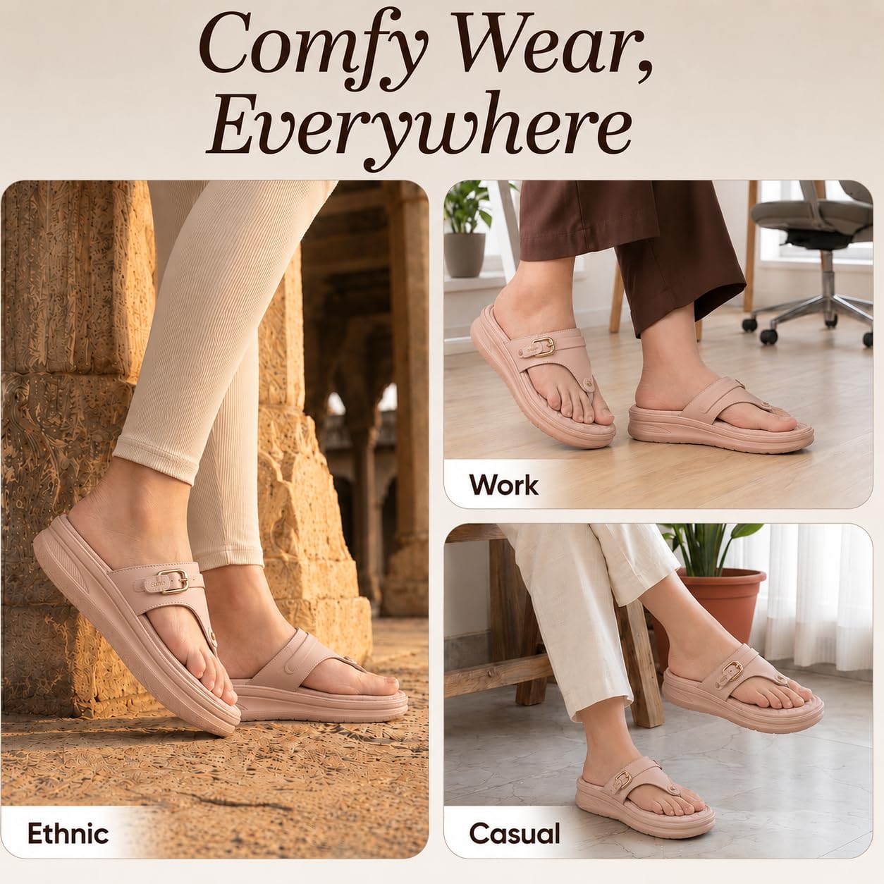 Carrito, Women Wedge Heels Thong Sandals| Comfortable Flats Sandals (Peach, UK Footwear Size System, Adult, Women, Numeric, Medium, 8)