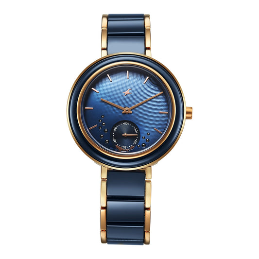 Fastrack Oceanyx - Ceramic Quartz Blue Round Dial Women's Watch | Brass Solid Links Material | Multi Color Band - 6315KD01