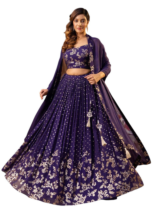 Zeel Clothing Women's Sequins and Thread Embroidered Work Georgette Lehenga Choli With Dupatta (6015-Purple-Women-Lehenga-Choli; Free size)
