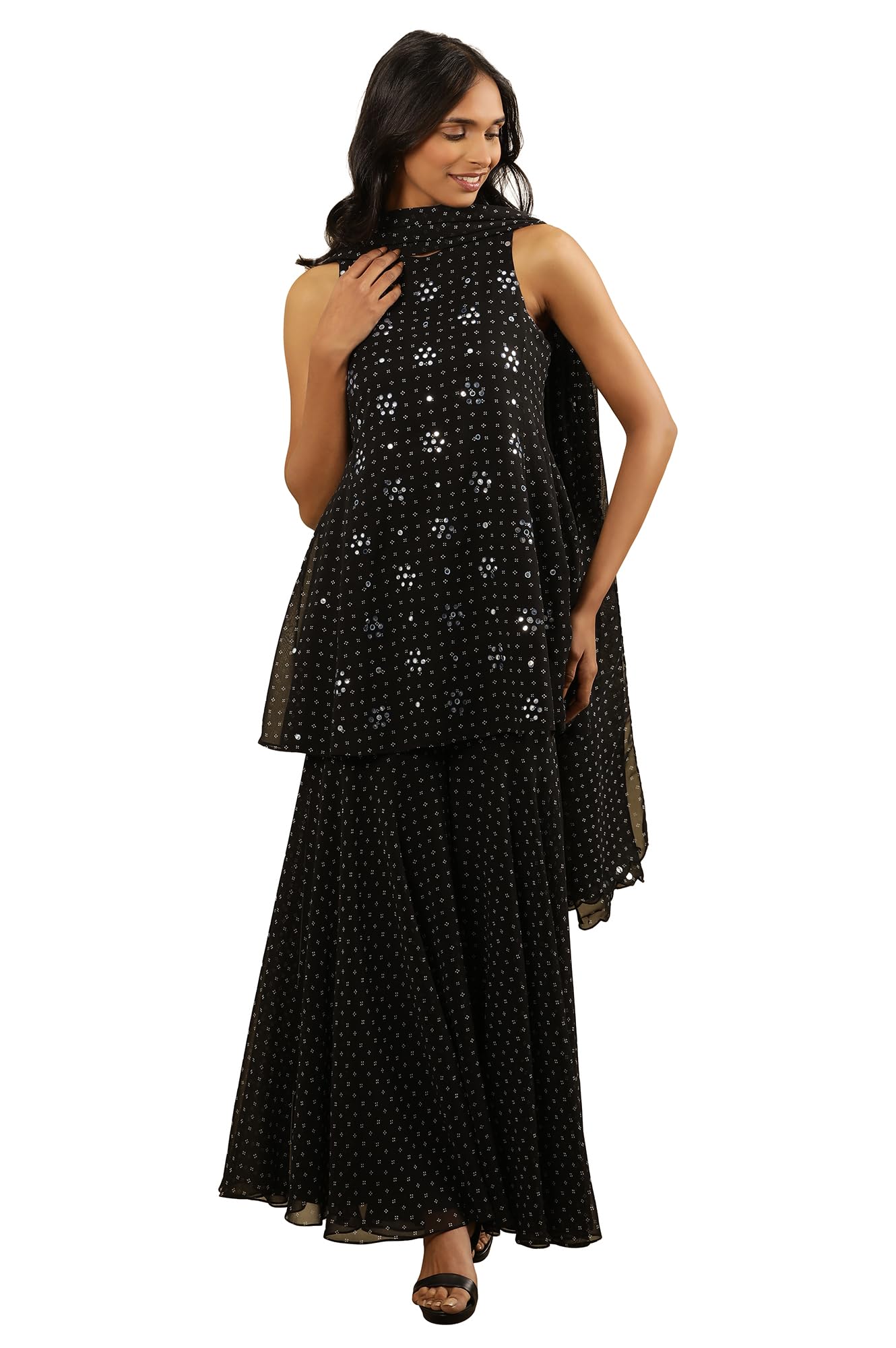W for Woman W Women Black Festive Geometric Print Georgette Kurta Set, Sharara & Dupatta_24FEWS10619-123035_3XL