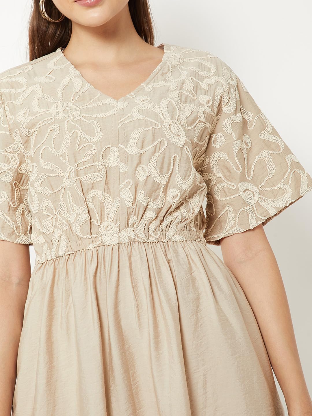 Max Women Embroidered A-line Dress (Beige_XL)