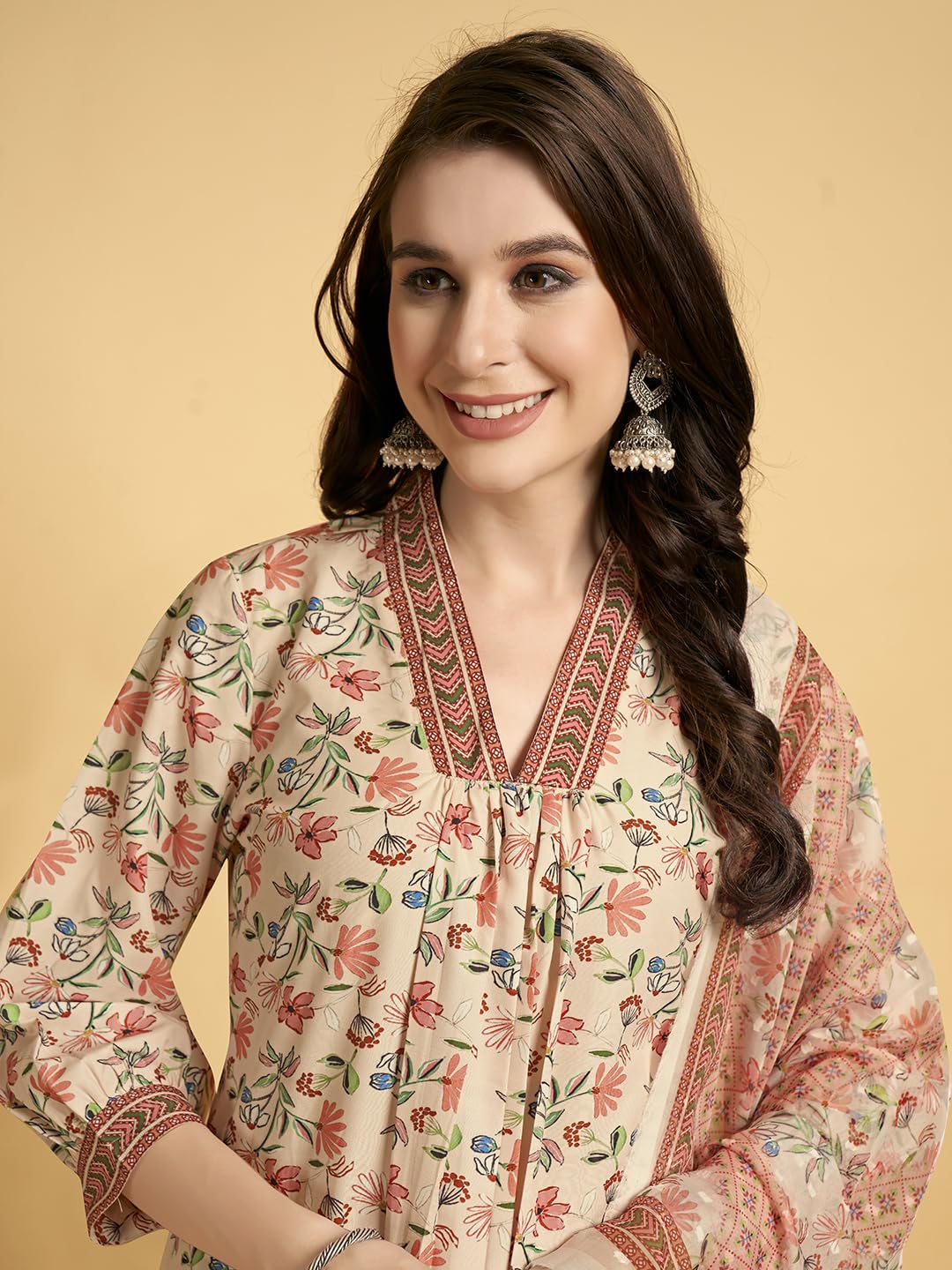 V4M Women's Peach Floral Printed A-Line Kurta Set | Kurta Pant With Dupatta