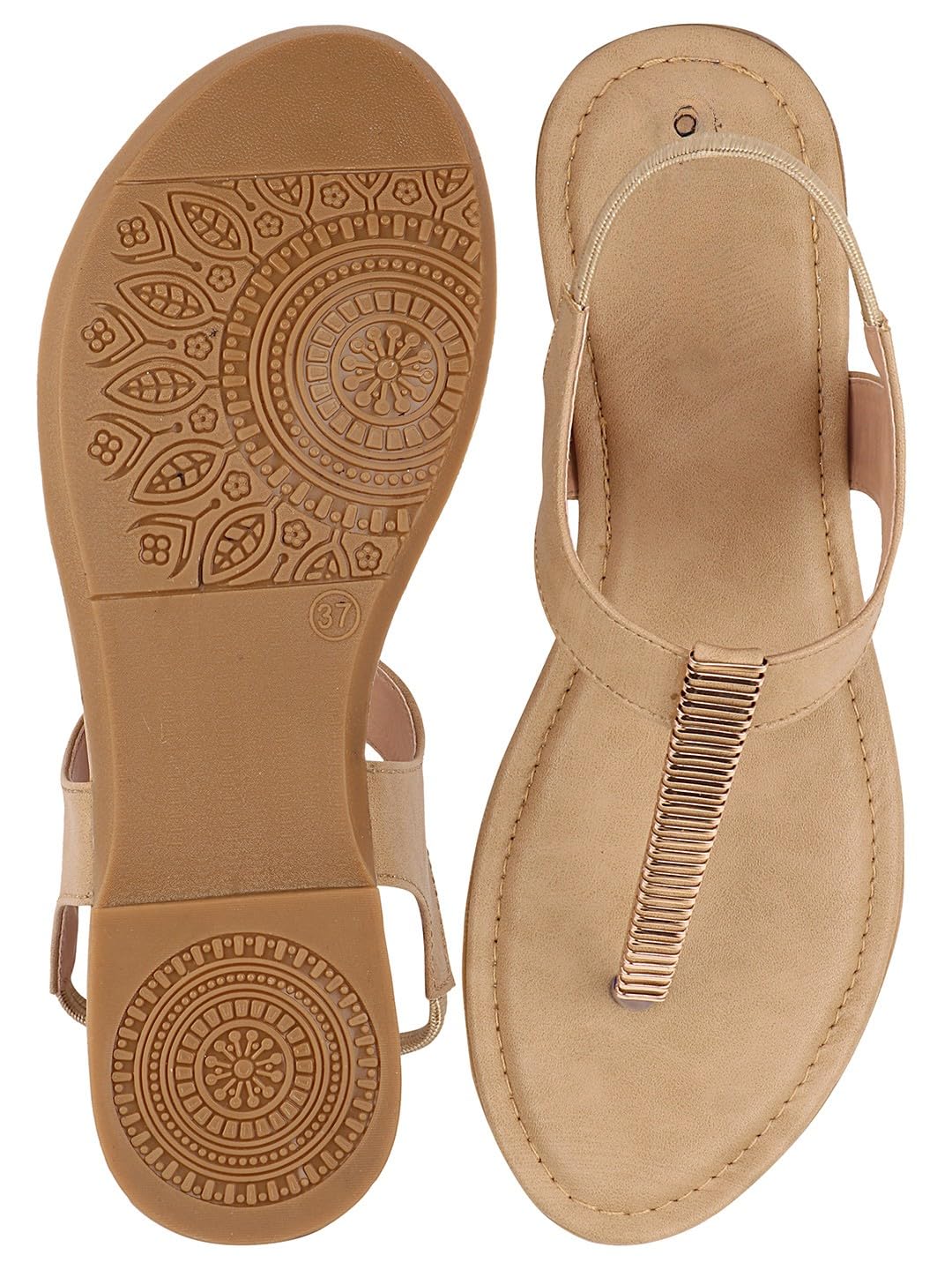 GLEMATOZ Women's Beige Flat Sandals Stylish T-Strap Slip-On Flats Casual Comfortable ||Stylish Summer Footwear with Slip-on Closure Party EU41