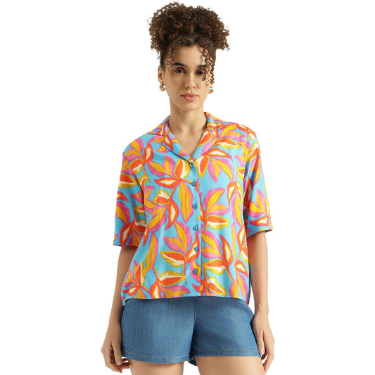 United Colors of Benetton Regular Fit Resort Collar Floral Print Shirt (Size: XS) - 26P5WVNTP349I902 Blue