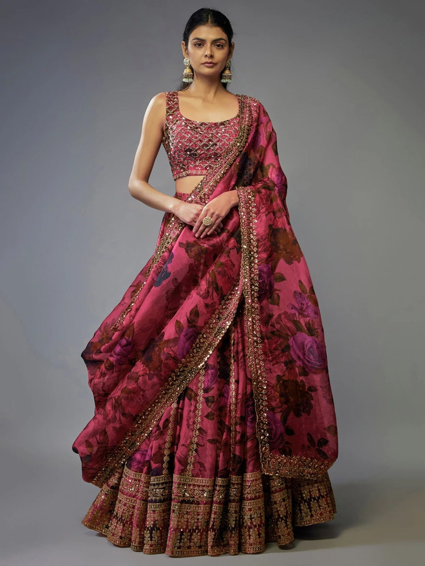 JIHU CULTURE Pink Organza Zari Sequence Embroidery Work Semi-Sttiched Lehenga Choli Set For Women