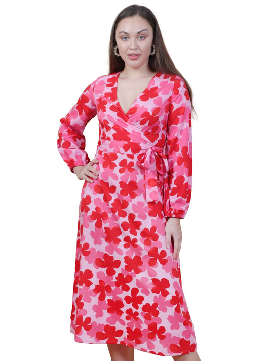 Miga's Women 100% Poly Crepe, V-Neck, Printed and Puff Sleeve, Red, Fit & Flare Midi Dress